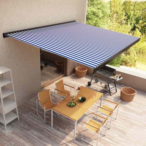 vidaXL Toldo motorizado com caixa 350x250 cm azul e branco