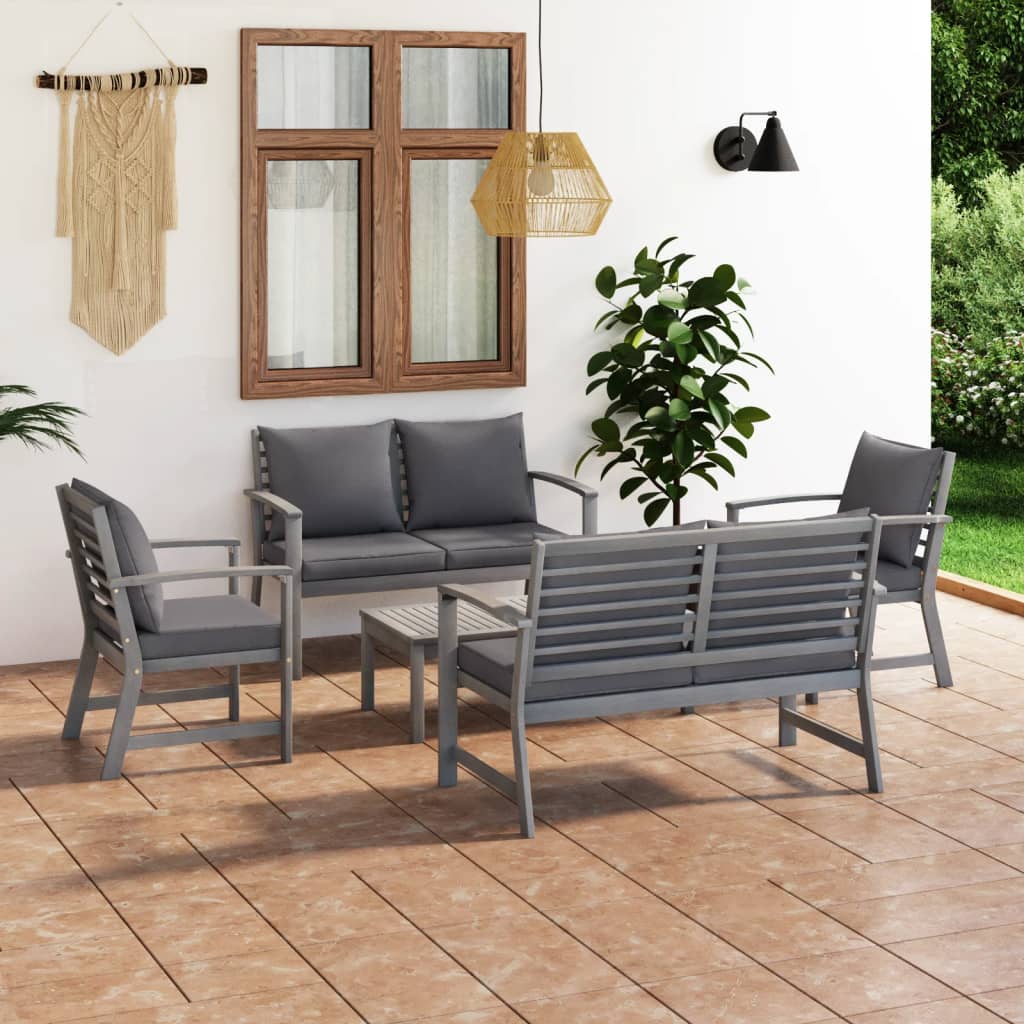vidaXL 5 pcs conj. lounge jardim c/ almofadões acácia maciça cinzento