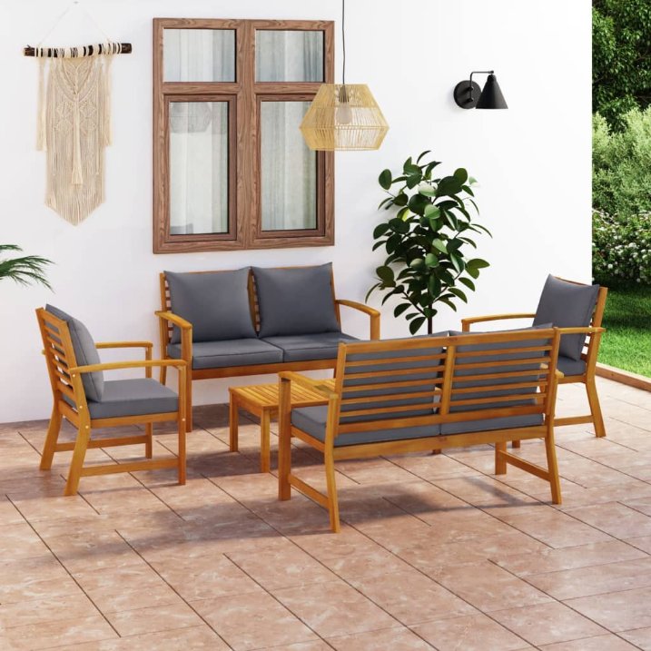 vidaXL 5 pcs conj. lounge jardim c/ almofadões acácia maciça cinzento