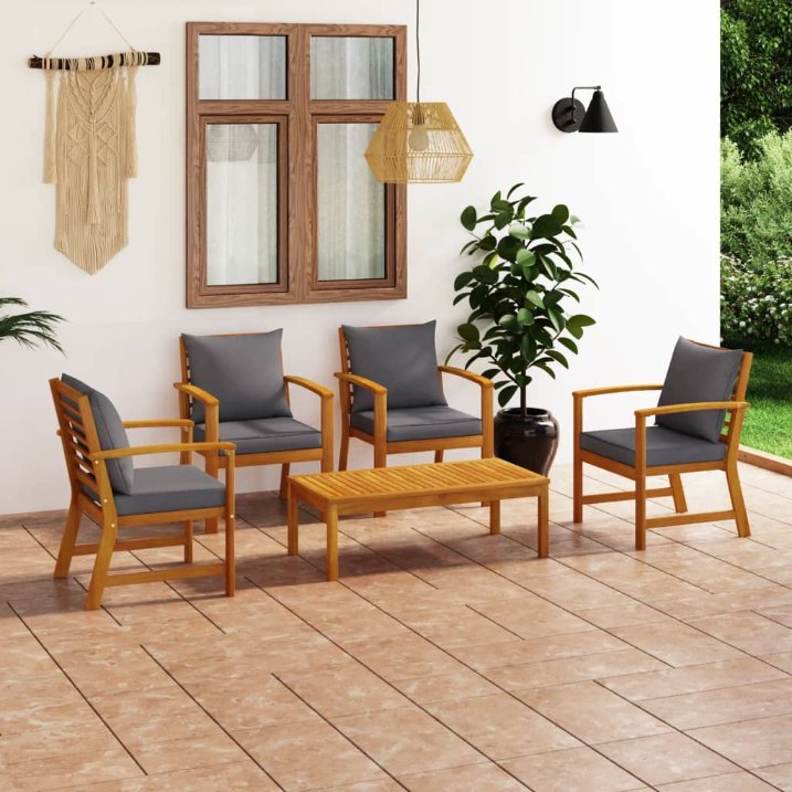vidaXL 5 pcs conj. lounge jardim c/ almofadões acácia maciça cinzento