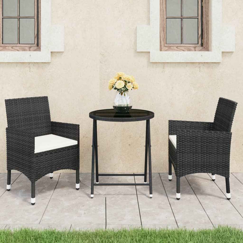 vidaXL 3 pcs conjunto bistrô p/ jardim vime PE e vidro temperado preto