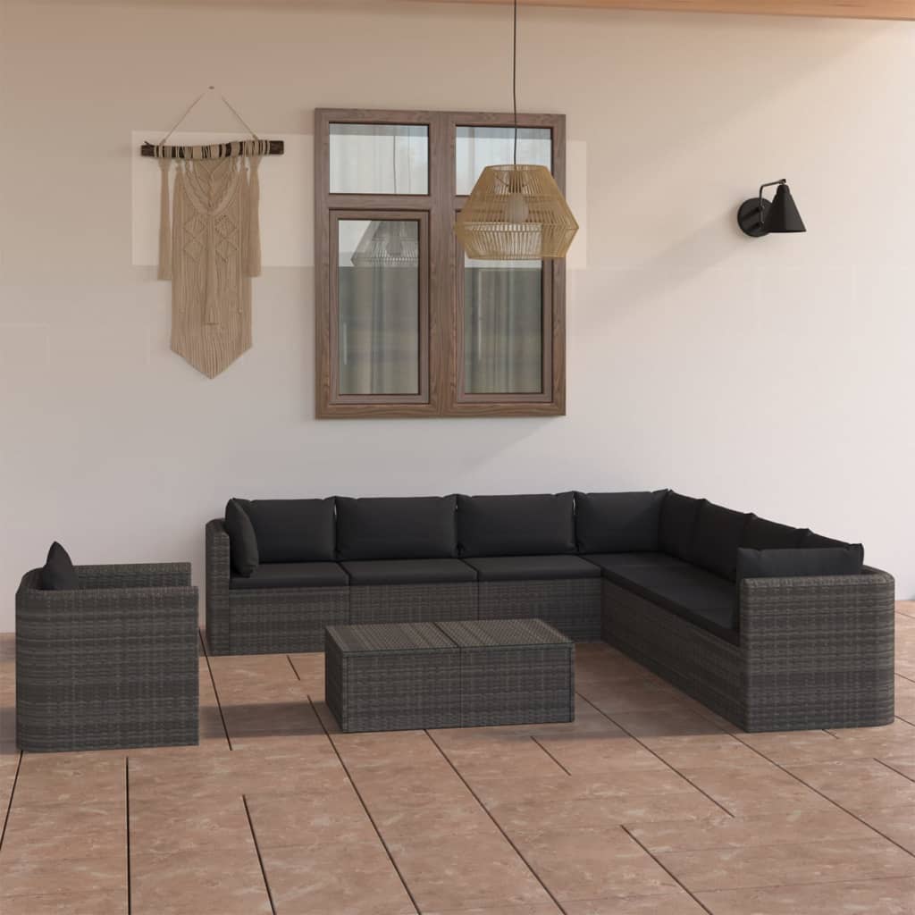 vidaXL 9 pcs conjunto lounge de jardim c/ almofadões vime PE cinzento