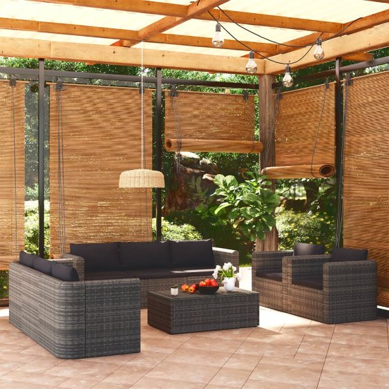 vidaXL 9 pcs conjunto lounge de jardim c/ almofadões vime PE cinzento