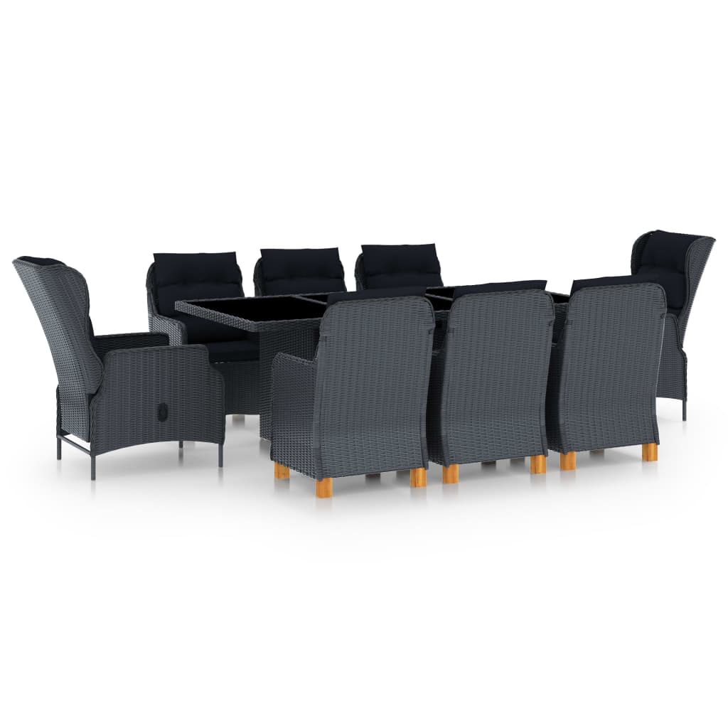 vidaXL 9 pcs conj. jantar exterior c/ almofadões vime PE cinza-escuro