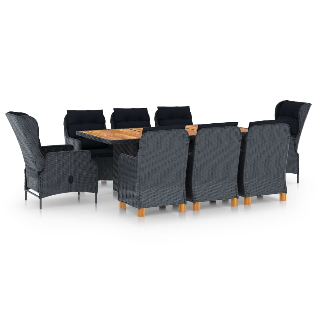 vidaXL 9 pcs conj. jantar exterior c/ almofadões vime PE cinza-escuro