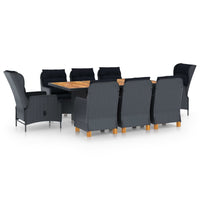 vidaXL 9 pcs conj. jantar exterior c/ almofadões vime PE cinza-escuro
