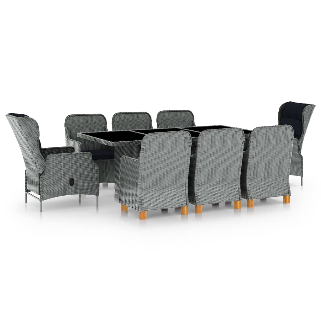 vidaXL 9 pcs conj. jantar exterior c/ almofadões vime PE cinza-escuro
