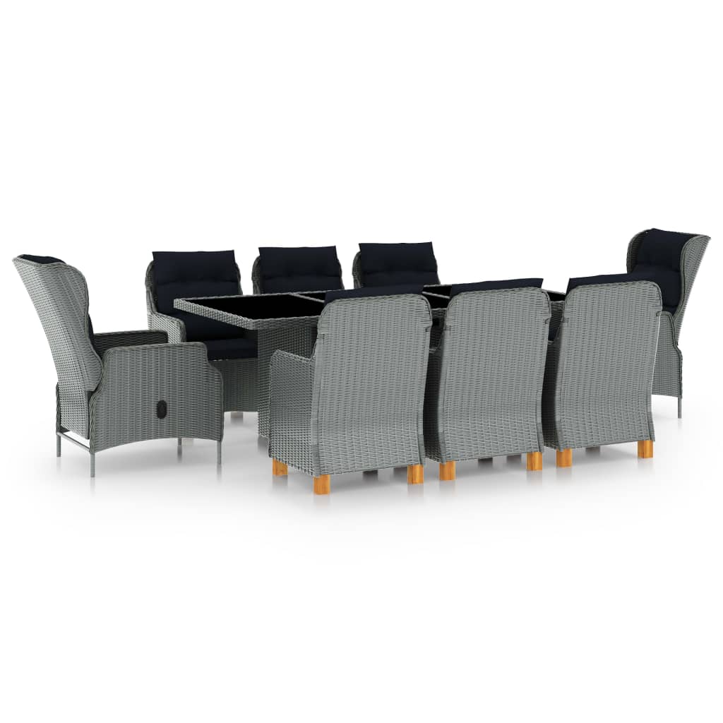 vidaXL 9 pcs conj. jantar exterior c/ almofadões vime PE cinza-escuro