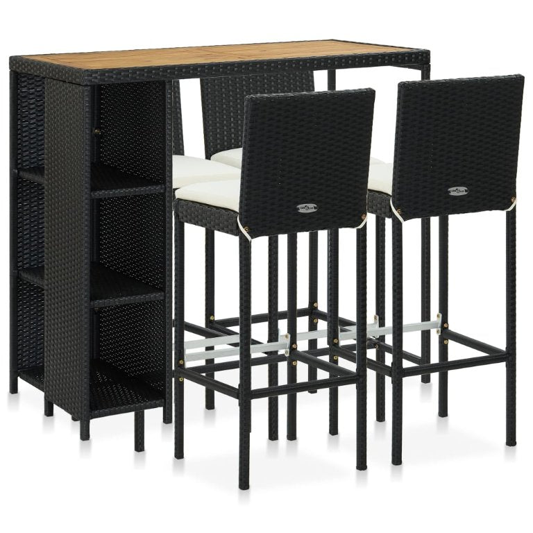 vidaXL 5 pcs conjunto de bar p/ jardim c/ almofadões vime PE preto