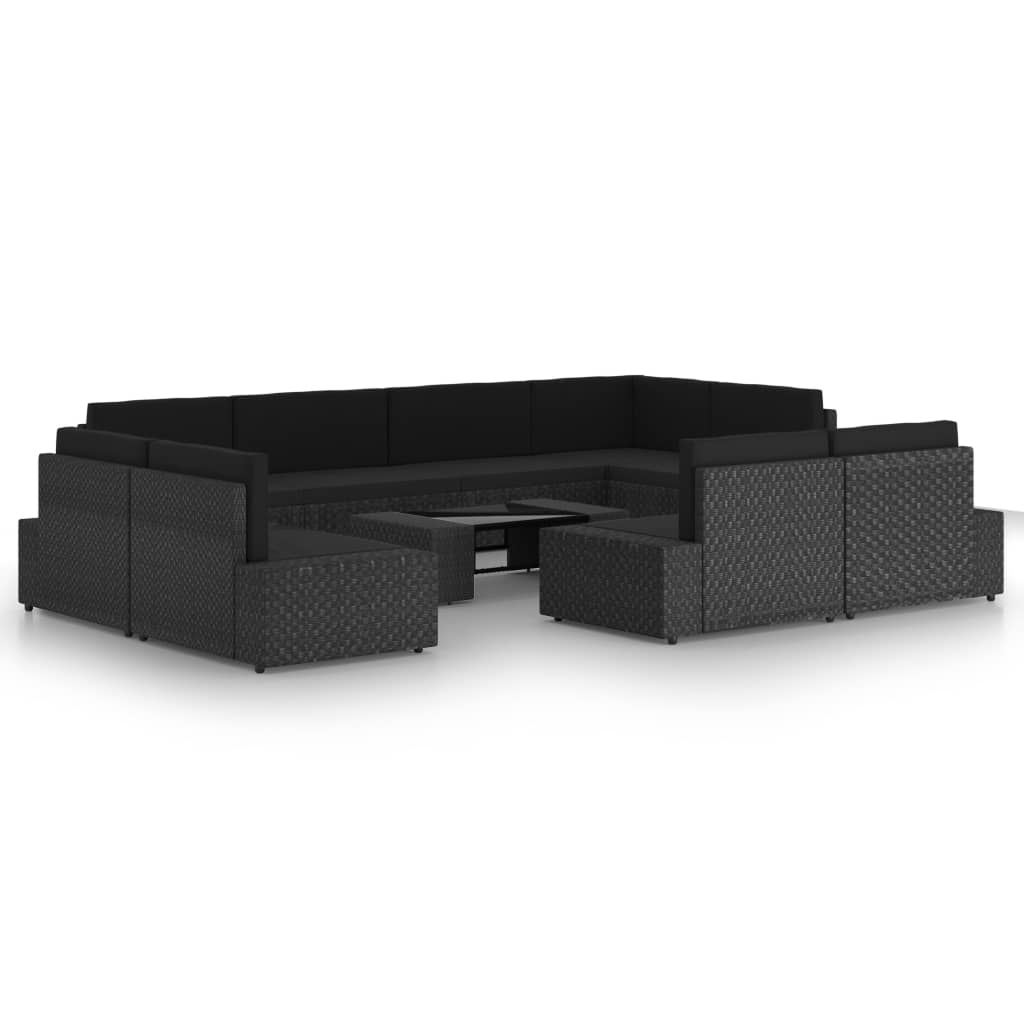 vidaXL 9 pcs conjunto lounge de jardim c/ almofadões vime PE preto