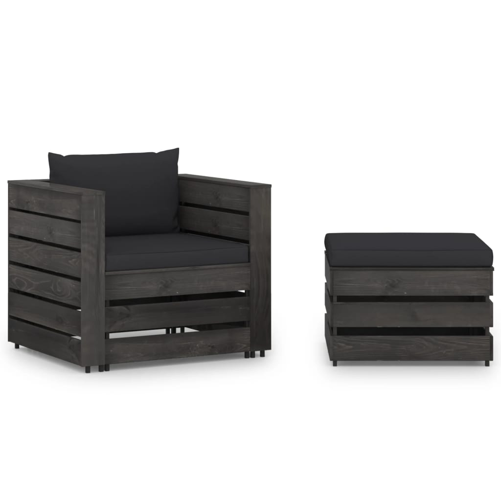 vidaXL 2 pcs conj. lounge jardim + almofadões madeira impreg. cinzento