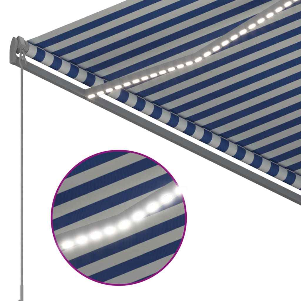 vidaXL Toldo retrátil manual com LED 300x250 cm azul e branco