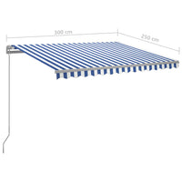 vidaXL Toldo retrátil manual com LED 300x250 cm azul e branco