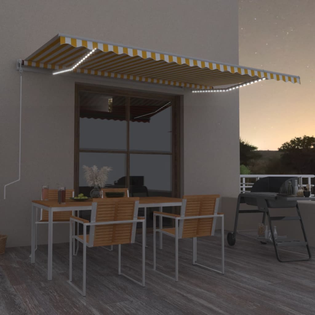 vidaXL Toldo retrátil manual com LED 300x250 cm azul e branco