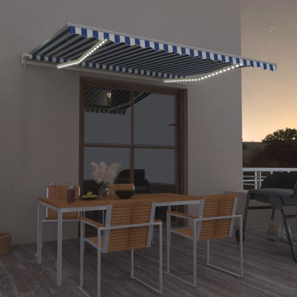 vidaXL Toldo retrátil manual com LED 300x250 cm azul e branco
