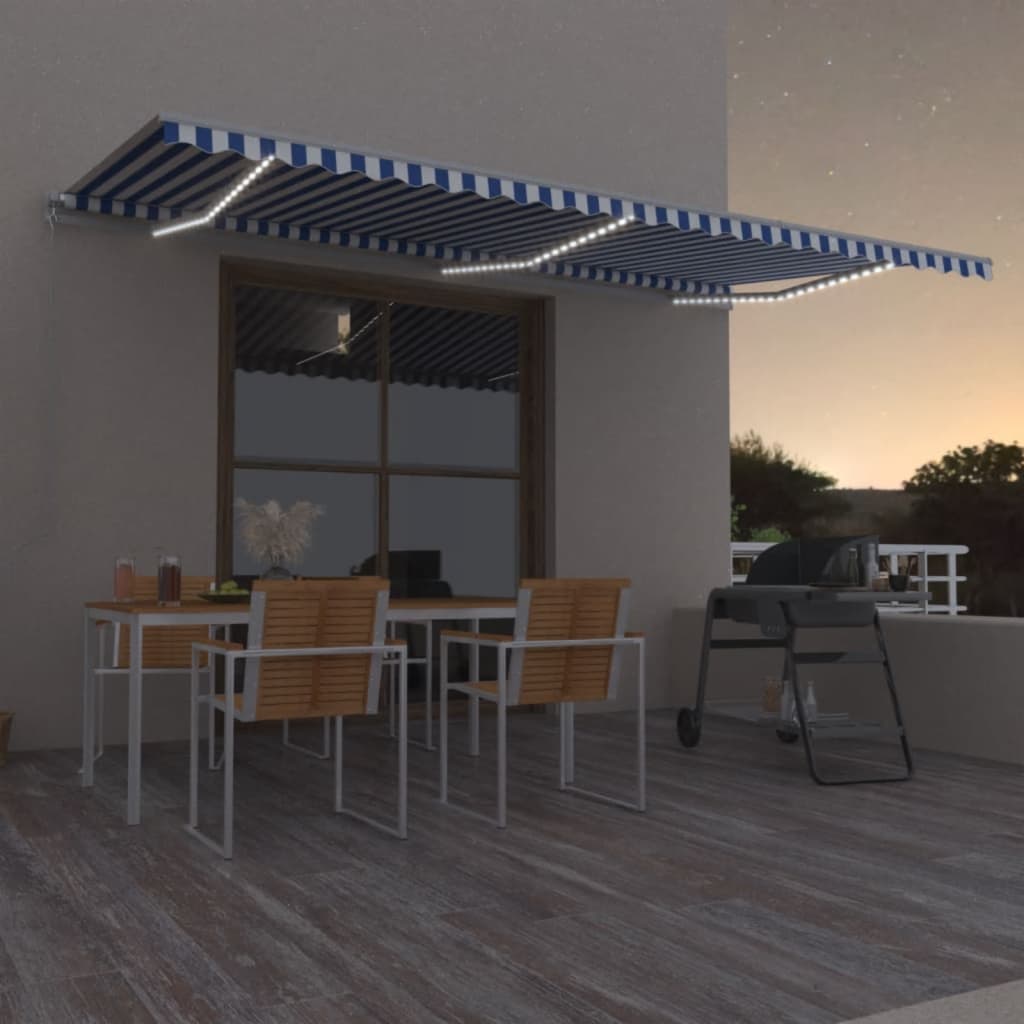 vidaXL Toldo retrátil manual com LED 300x250 cm azul e branco