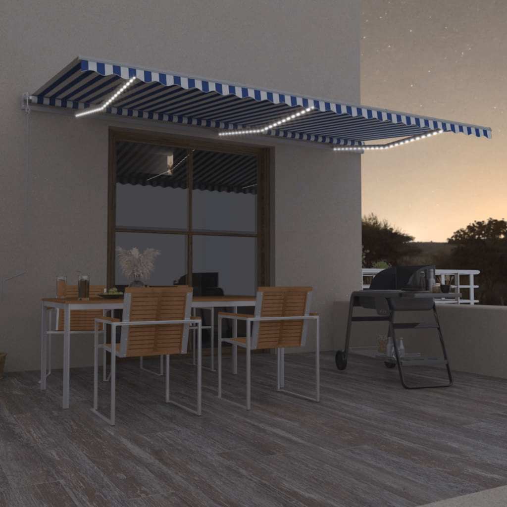 vidaXL Toldo com sensor de vento e LED 500x300 cm azul e branco