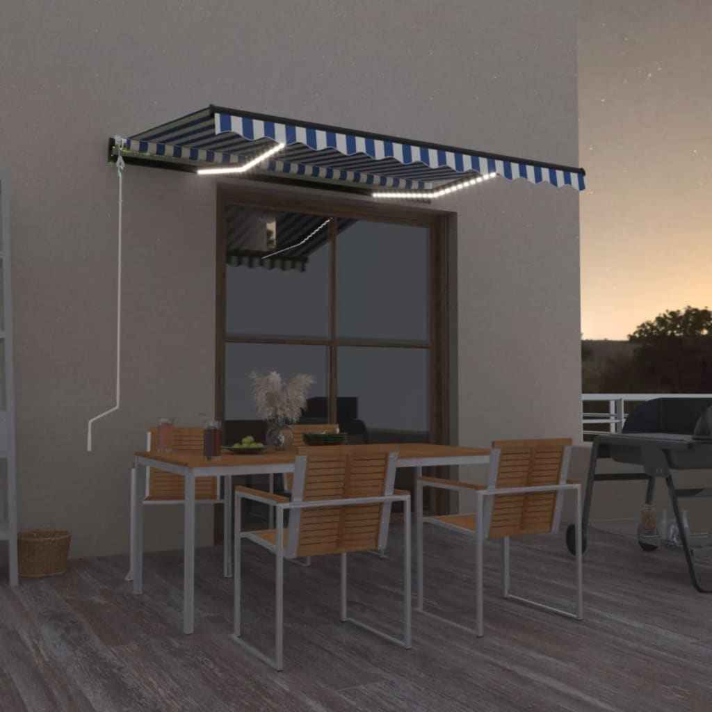 vidaXL Toldo autom. LED e sensor de vento 400x300 cm azul e branco