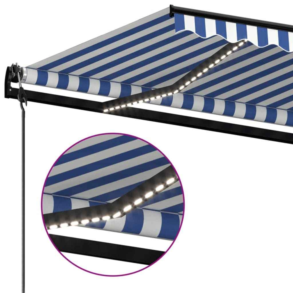 vidaXL Toldo autom. LED e sensor de vento 400x300 cm azul e branco