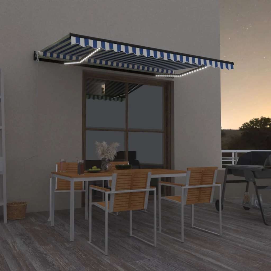 vidaXL Toldo autom. LED e sensor de vento 400x300 cm azul e branco