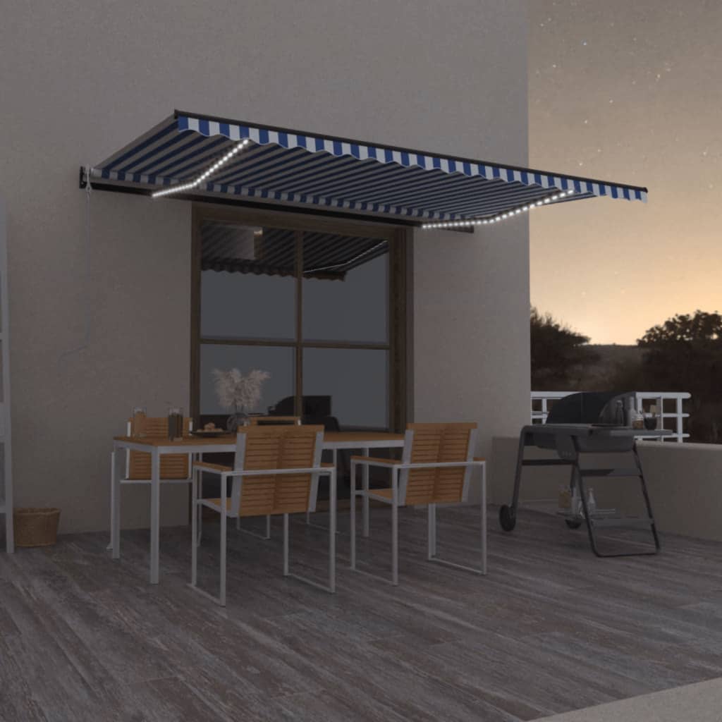 vidaXL Toldo autom. LED e sensor de vento 400x300 cm azul e branco