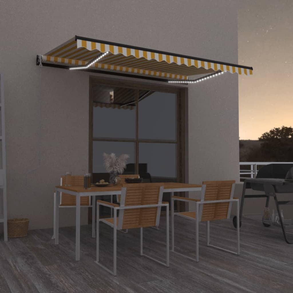 vidaXL Toldo autom. LED e sensor de vento 400x300 cm azul e branco