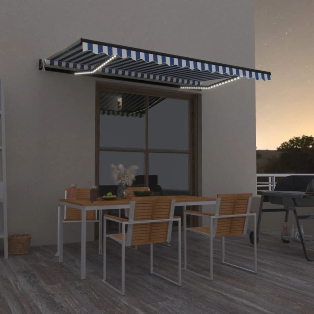 vidaXL Toldo autom. LED e sensor de vento 400x300 cm azul e branco