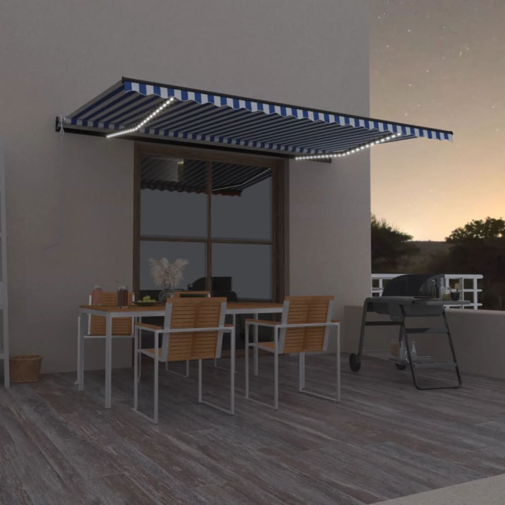 vidaXL Toldo autom. LED e sensor de vento 400x300 cm azul e branco