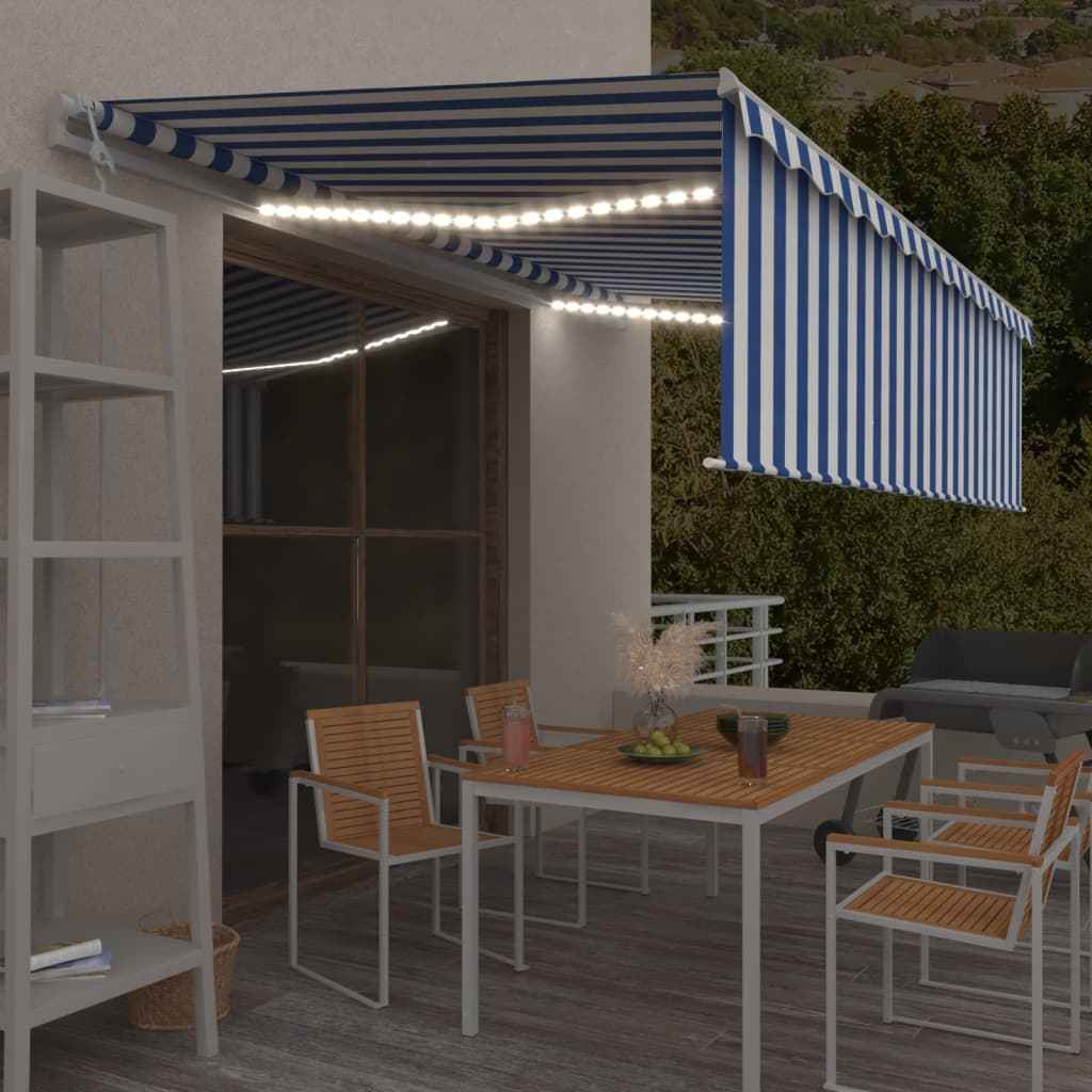 vidaXL Toldo autom. c/ estore/LED/sensor de vento 5x3 m azul/branco