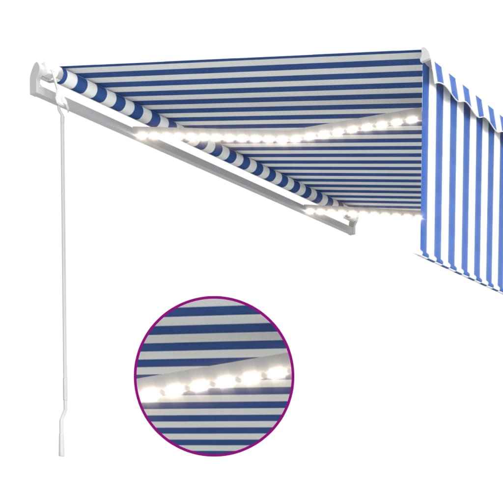 vidaXL Toldo autom. c/ estore/LED/sensor de vento 5x3 m azul/branco