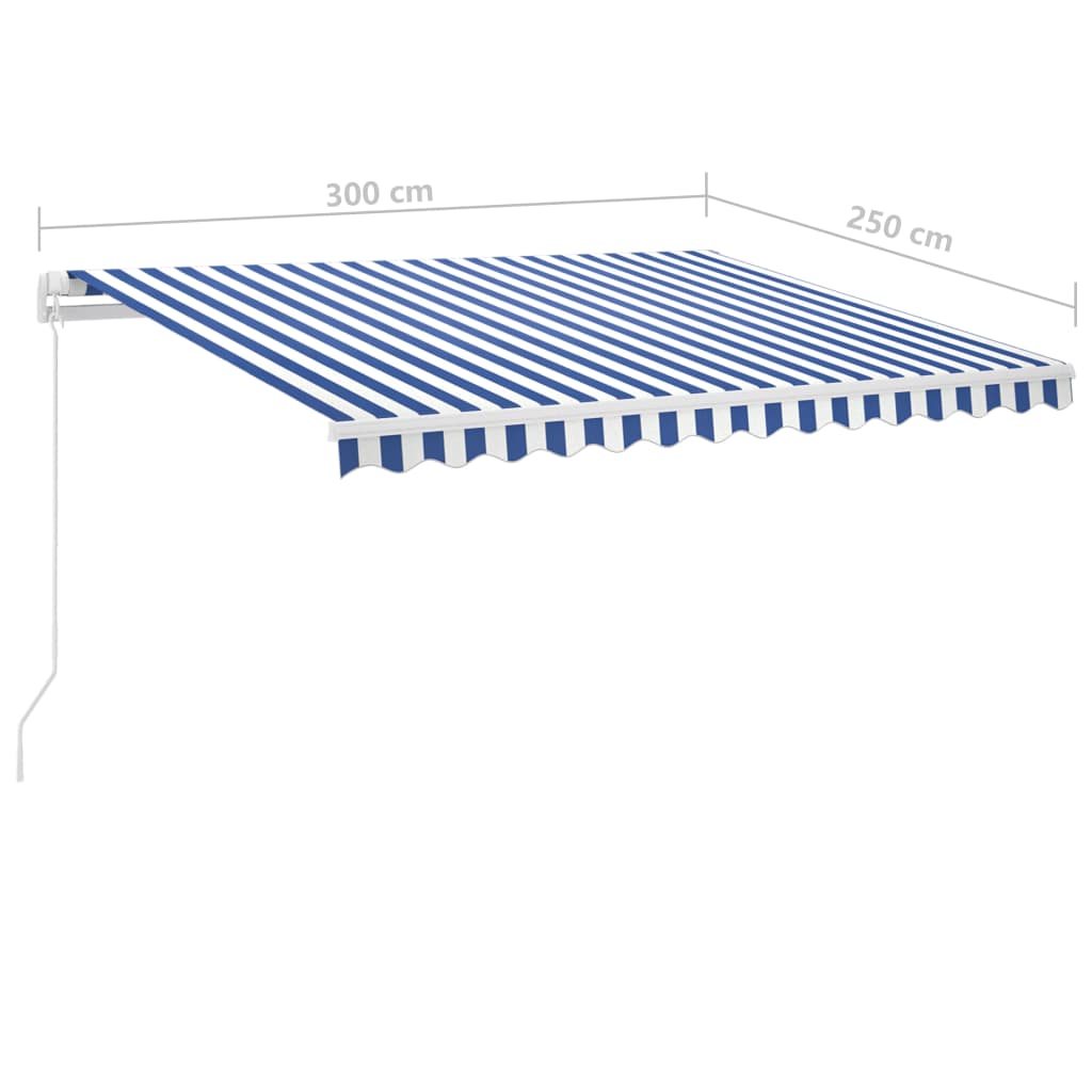 vidaXL Toldo retrátil manual com LED 300x250 cm azul e branco