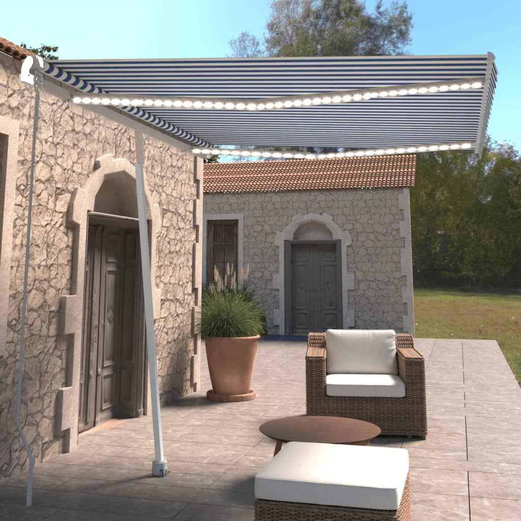 vidaXL Toldo retrátil manual com LED 300x250 cm azul e branco