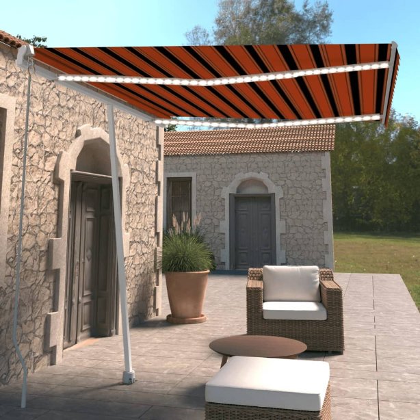 vidaXL Toldo retrátil manual com LED 300x250 cm azul e branco
