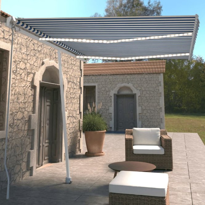 vidaXL Toldo retrátil manual com LED 300x250 cm azul e branco