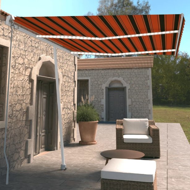 vidaXL Toldo retrátil manual com LED 300x250 cm azul e branco