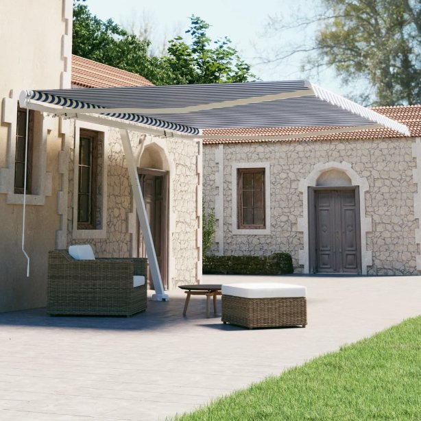 vidaXL Toldo retrátil manual independente 300x250 cm azul e branco
