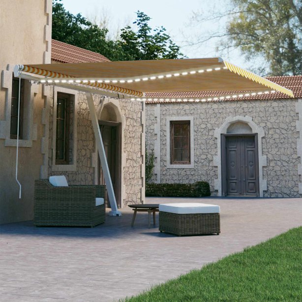 vidaXL Toldo retrátil manual com LED 300x250 cm azul e branco