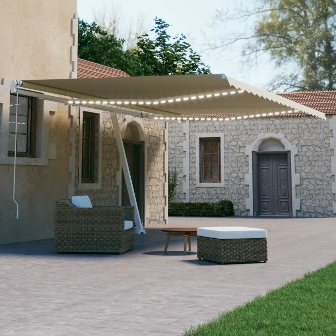 vidaXL Toldo autom. c/ LED e sensor de vento 450x300 cm azul/branco