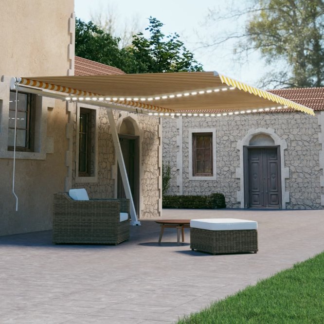 vidaXL Toldo autom. c/ LED e sensor de vento 450x300 cm azul/branco