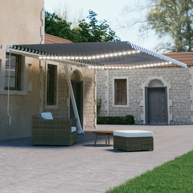 vidaXL Toldo autom. c/ LED e sensor de vento 450x300 cm azul/branco