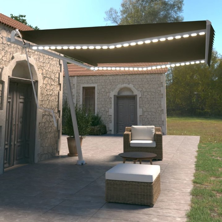 vidaXL Toldo autom. c/ LED e sensor de vento 450x300 cm azul/branco