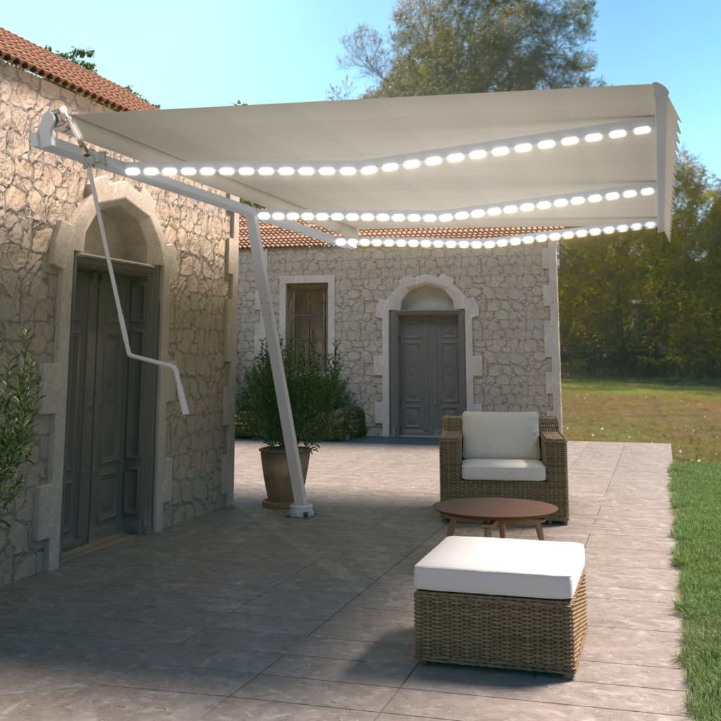 vidaXL Toldo autom. c/ LED e sensor de vento 450x300 cm azul/branco