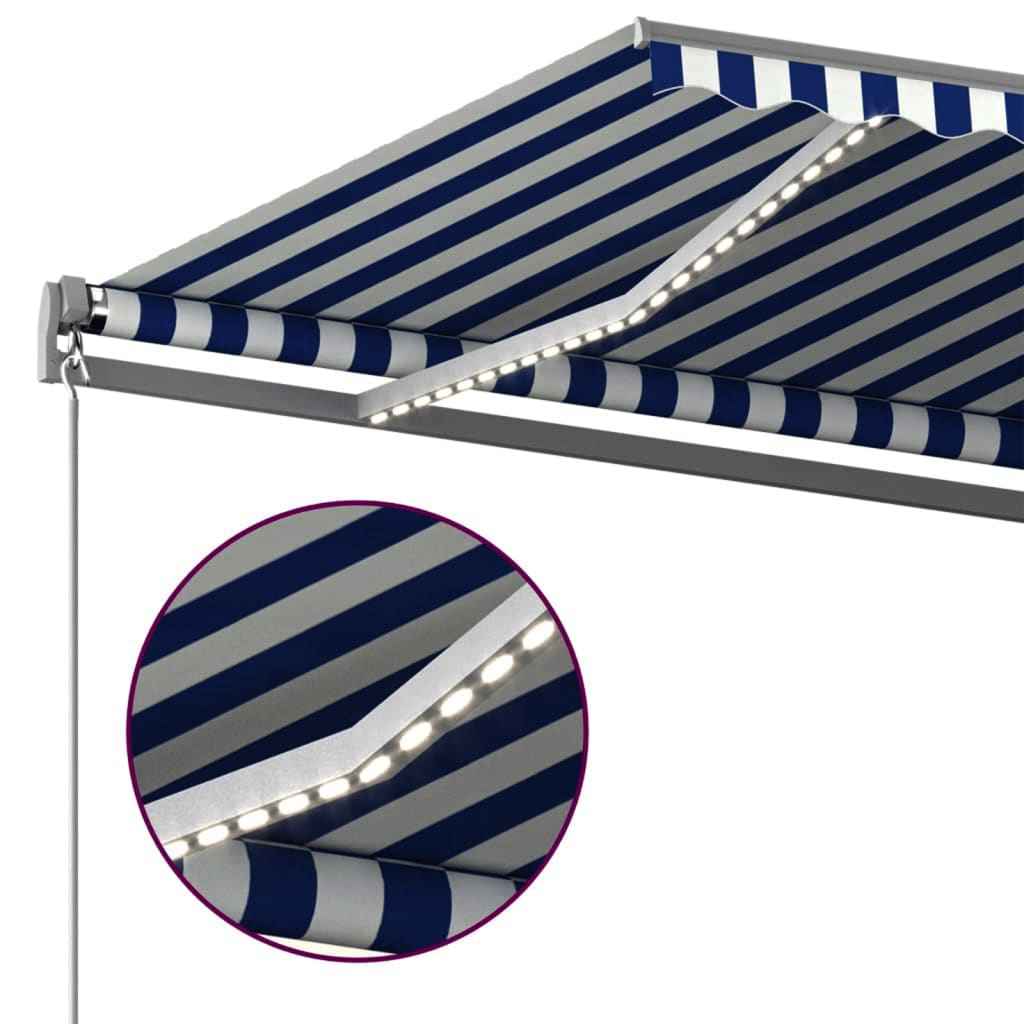 vidaXL Toldo autom. LED e sensor de vento 400x300 cm azul e branco