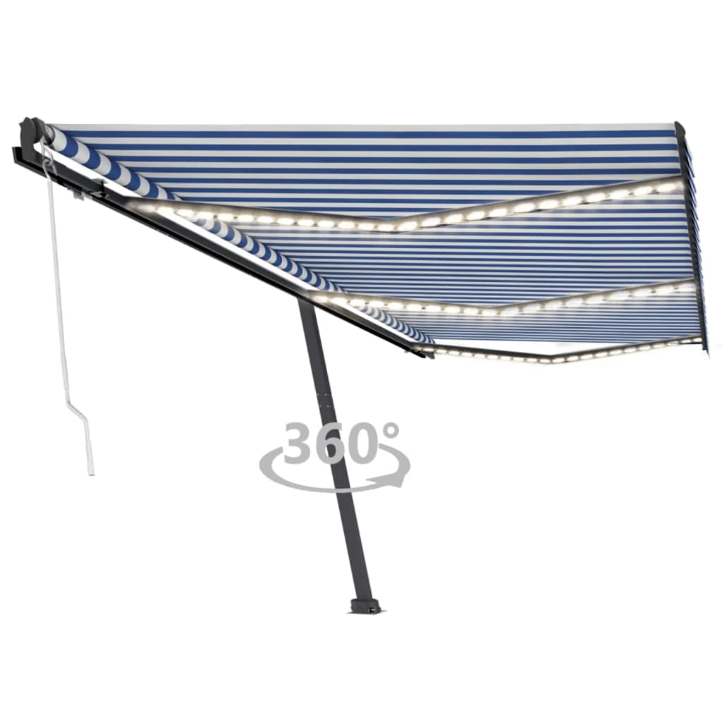 vidaXL Toldo autom. LED e sensor de vento 400x300 cm azul e branco