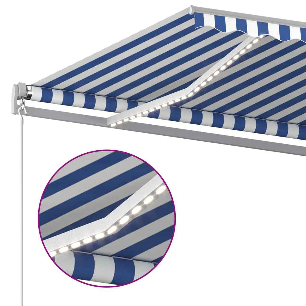 vidaXL Toldo autom. LED e sensor de vento 4,5x3 m azul e branco