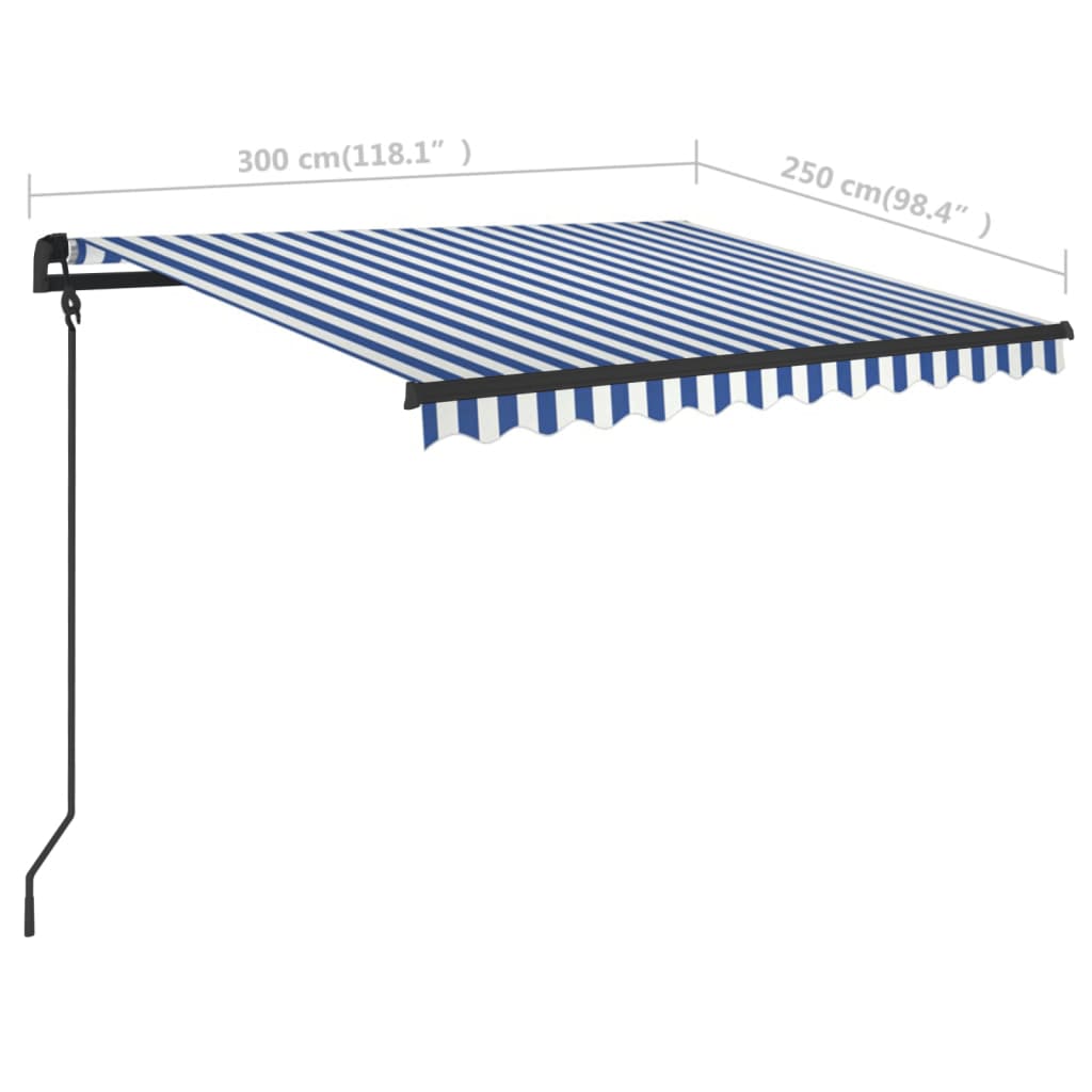 vidaXL Toldo retrátil manual com postes 3x2,5 m azul e branco