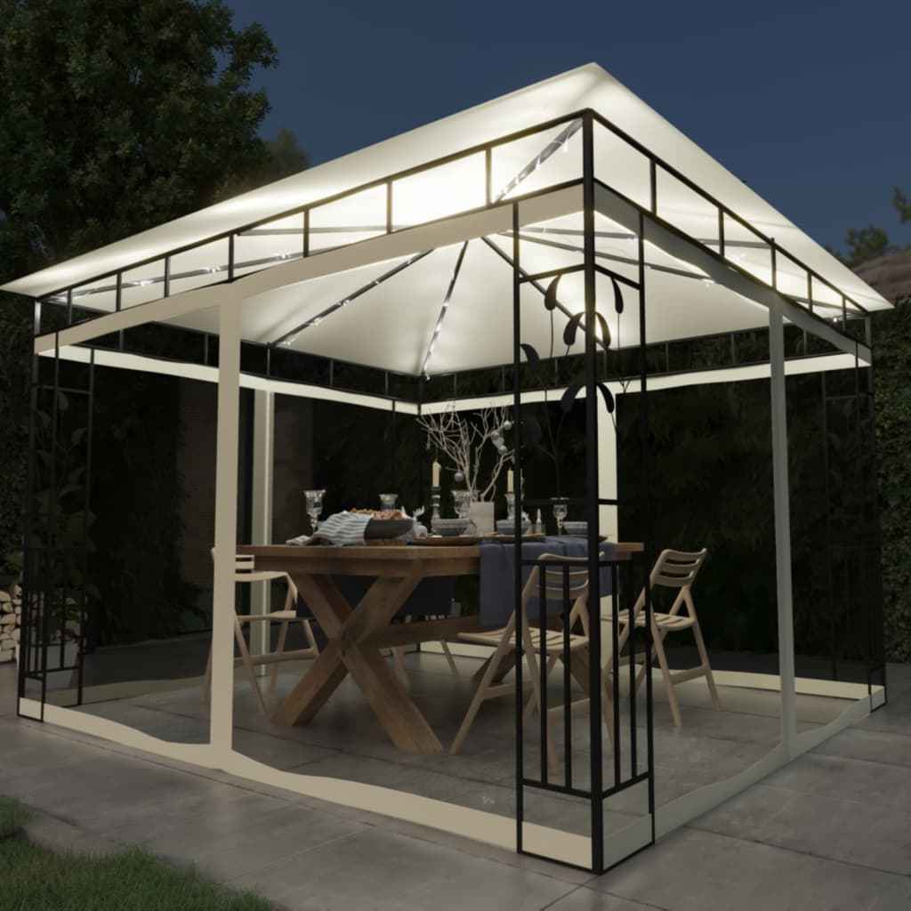 vidaXL Gazebo c/ mosquiteiro e cordões luzes LED 3x3x2,73m creme