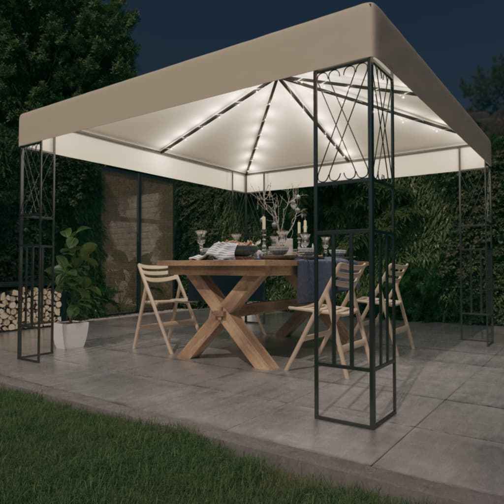 vidaXL Gazebo com cordões de luzes LED 3x3 m tecido cor creme