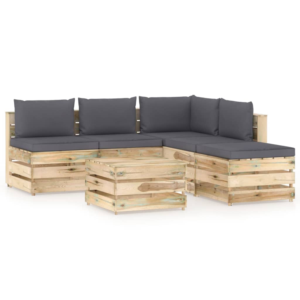 vidaXL 6 pcs conj. lounge jardim c/ almofadões madeira impreg. verde