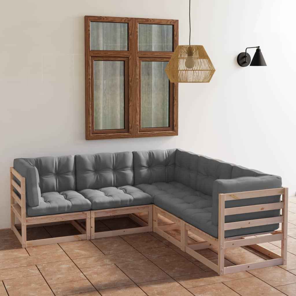 vidaXL 5 pcs conjunto lounge de jardim c/ almofadões pinho maciço
